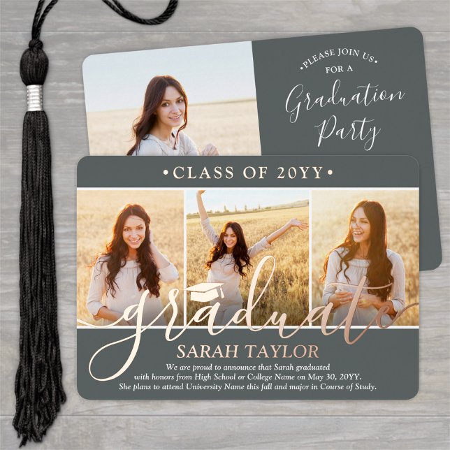 4 Photo Graduation Party Modern Script Gray and Foil Invitation (Creator Uploaded)