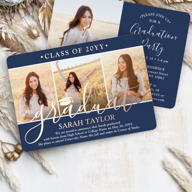 4 Photo Graduation Party Modern Script Navy Blue & Foil Invitation (Creator Uploaded)