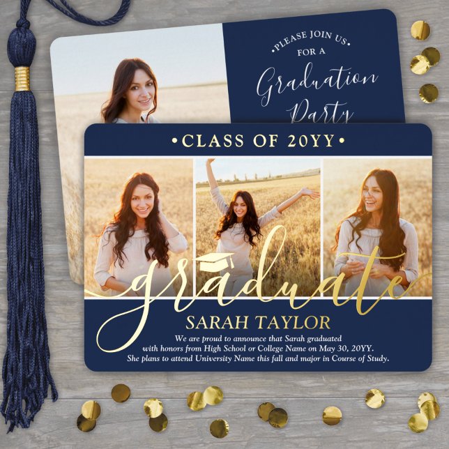 4 Photo Graduation Party Navy Blue, White and Real Foil Invitation (Creator Uploaded)