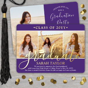 4 Photo Graduation Party Purple, White and Real Foil Invitation