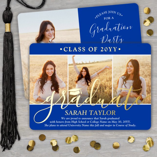 4 Photo Graduation Party Royal Blue, White & Real Foil Invitation (Creator Uploaded)