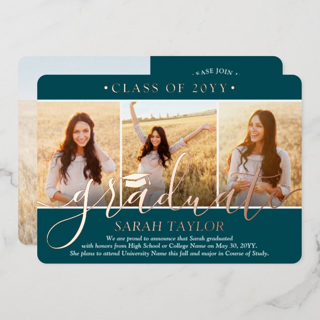 4 Photo Graduation Party Teal White and Rose Gold Foil Invitation (Front/Back)