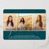 4 Photo Graduation Party Teal White and Rose Gold Foil Invitation (Front)