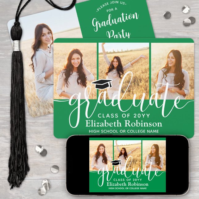 4 Photo Green and White Script Graduation Party Invitation (Creator Uploaded)
