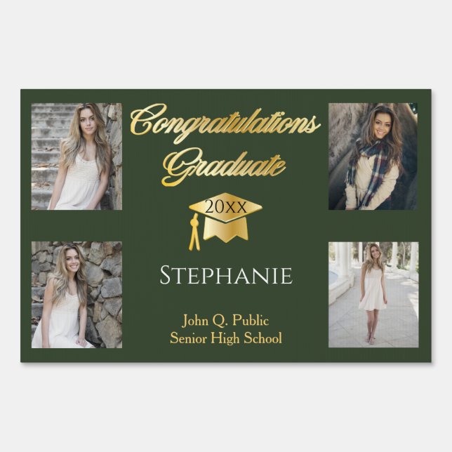 4 Photo Green Gold Congrats Graduate Name School Sign (Front)