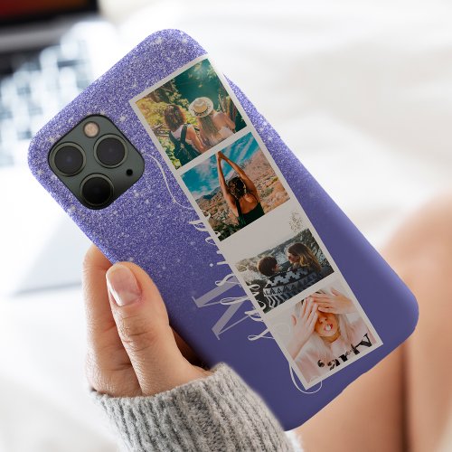  4 photo grid collage name purple blue monogram iPhone 13 pro max case