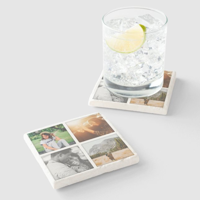 4 Photo Grid Square Template Shadowed Marble Stone Coaster (Side)