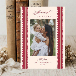 4 Photo Hand Drawn Scallop Ribbon Stripe Christmas Holiday Card
