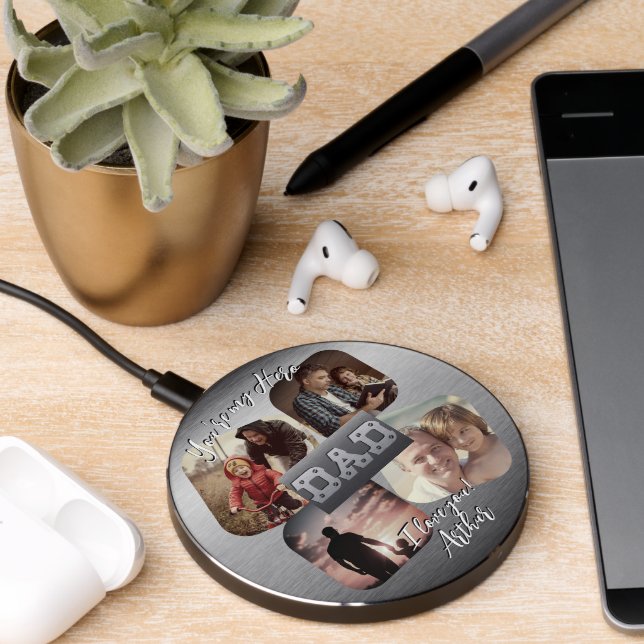 4 Photo - Happy Father’s Day Metal Theme Wireless Charger (Desk 2)