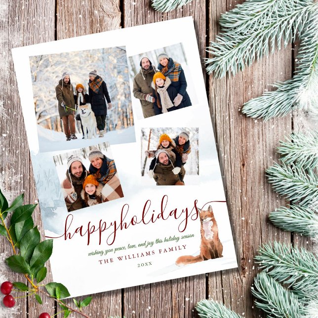 4 Photo Happy Holidays Winter Fox Christmas Holiday Card (Creator Uploaded)