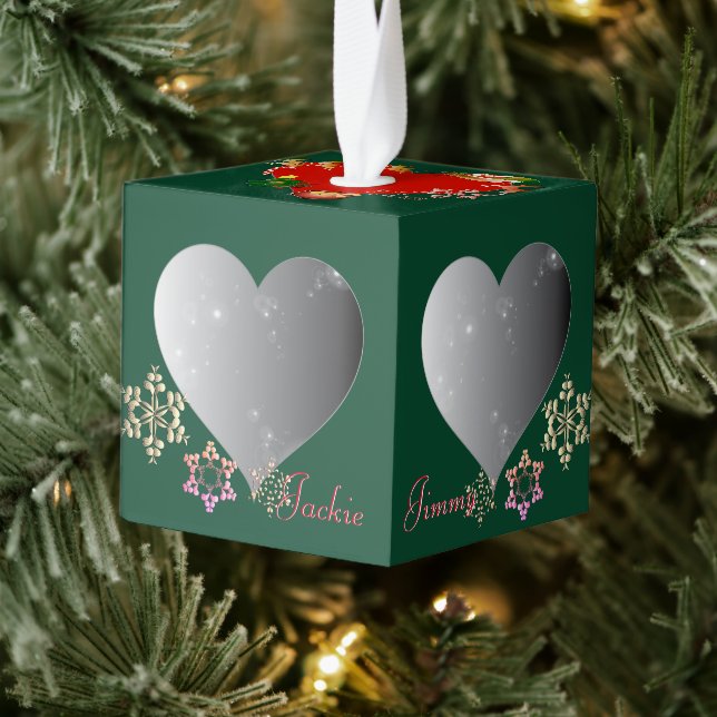 4 Photo Hearts Santa's Reindeer Cube Ornament (Tree)