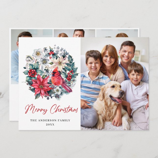 4 PHOTO Holly Berry Cardinal Poinsettia Christmas Holiday Card (Front/Back)