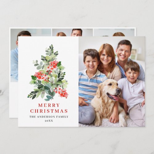 4 PHOTO Holly Berry Christmas Tree Greeting Holiday Card