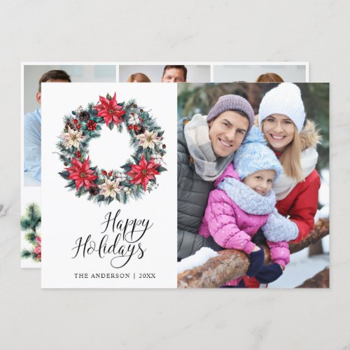 4 PHOTO Holly Poinsettia Wreath Christmas Greeting Holiday Card