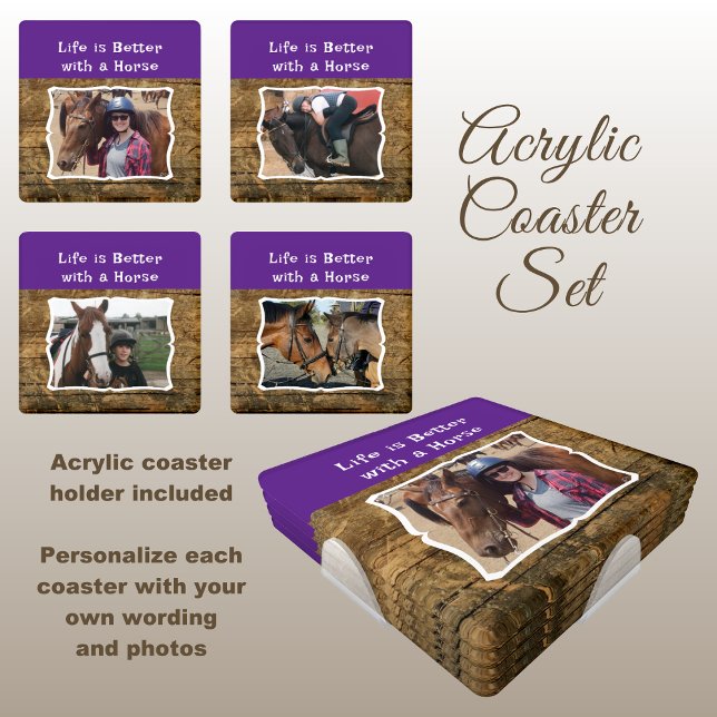 4 photo horse lover white purple rustic coaster set (Creator Uploaded)