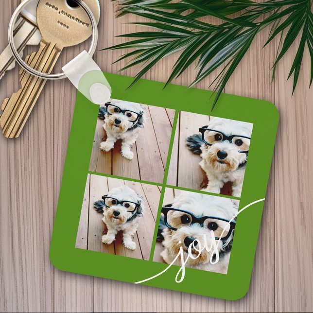 4 Photo Instagram Collage with Holiday Joy Green Keychain (Personalized keychain - Photo Collage)