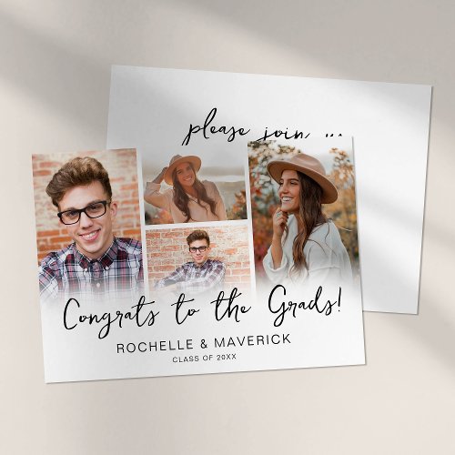 4 Photo Joint Graduation Invitation - Elegant double graduation party invitations featuring 4 photos of the graduates, the saying "congrats to the grads!", and a modern template that is easy to personalize.