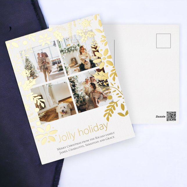 4 Photo Jolly Holiday Nordic Flower Christmas (4 Photo Jolly Holiday Nordic Flower Christmas postcard with real foil from Ricaso. Add photo & text)