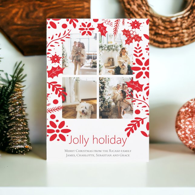 4 Photo Jolly Holiday Nordic Flower Christmas Card (4 Photo Jolly Holiday Nordic Flower Christmas Card featuring holly. From Ricaso. Add your own photos)