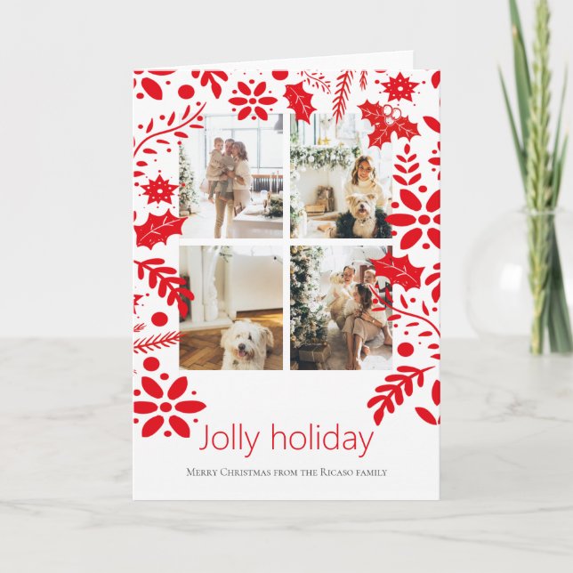 4 Photo Jolly Holiday Nordic Flower Christmas Card (Front)