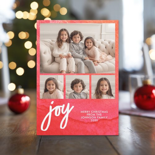 4 Photo Joy Merry Christmas Minimal Red Watercolor Holiday Card