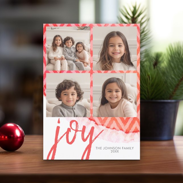 4 Photo Joy Merry Christmas Watercolor red Holiday Card (Modern Christmas Card with Photos)