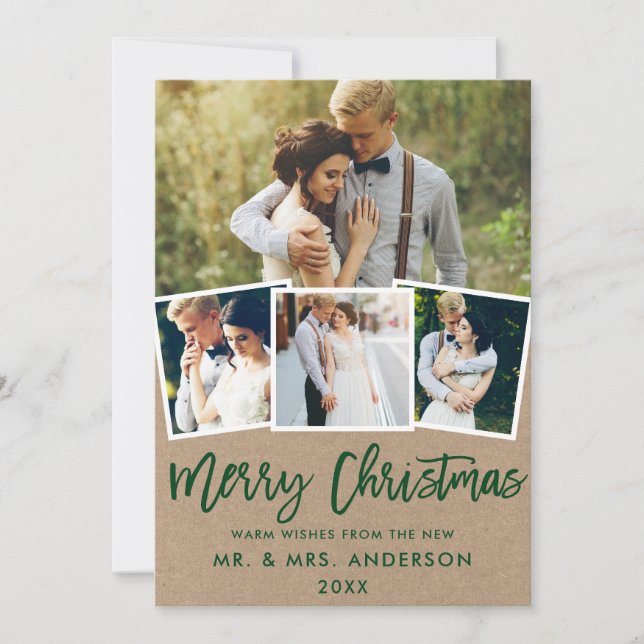 4 Photo Kraft Brush Script Wedding Christmas Holiday Card (Front)