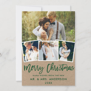 4 Photo Kraft Brush Script Wedding Christmas Holiday Card