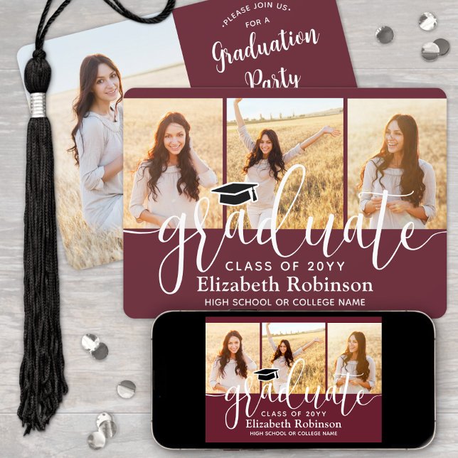 4 Photo Maroon and White Script Graduation Party Invitation (Creator Uploaded)