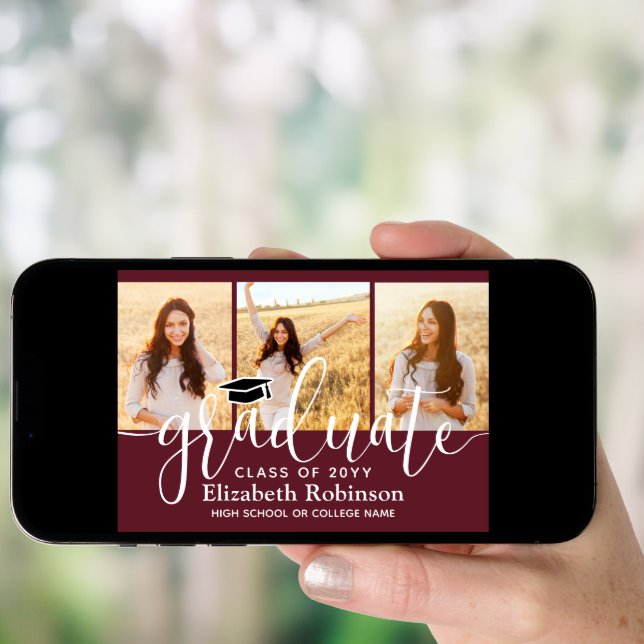 4 Photo Maroon and White Script Graduation Party Invitation (Front Digital)