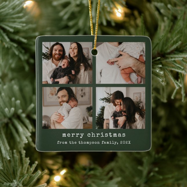 4 Photo Merry Christmas Dark Green Holiday  Ceramic Ornament (Tree)