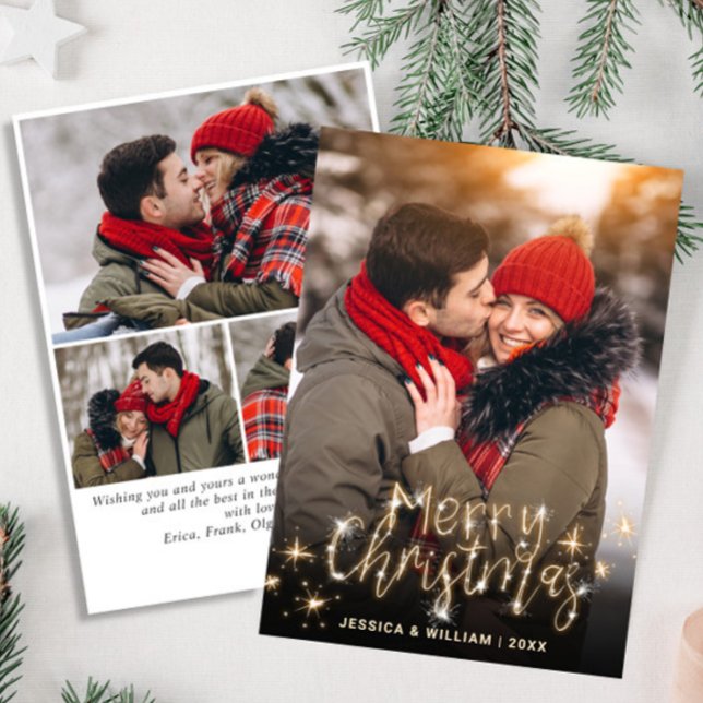 4 PHOTO Merry Christmas Gold Sparkle Greeting Holiday Card (Creator Uploaded)