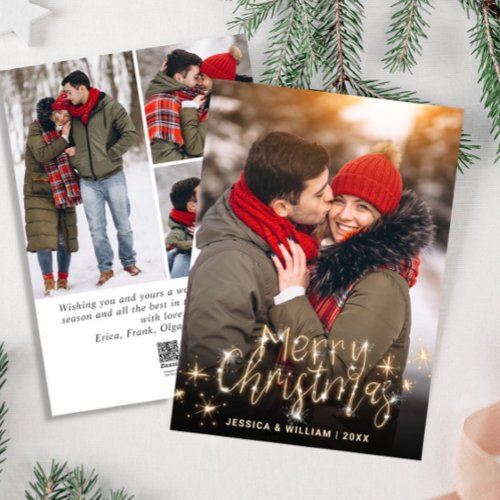 4 PHOTO Merry Christmas Gold Sparkle Greeting Holiday Card