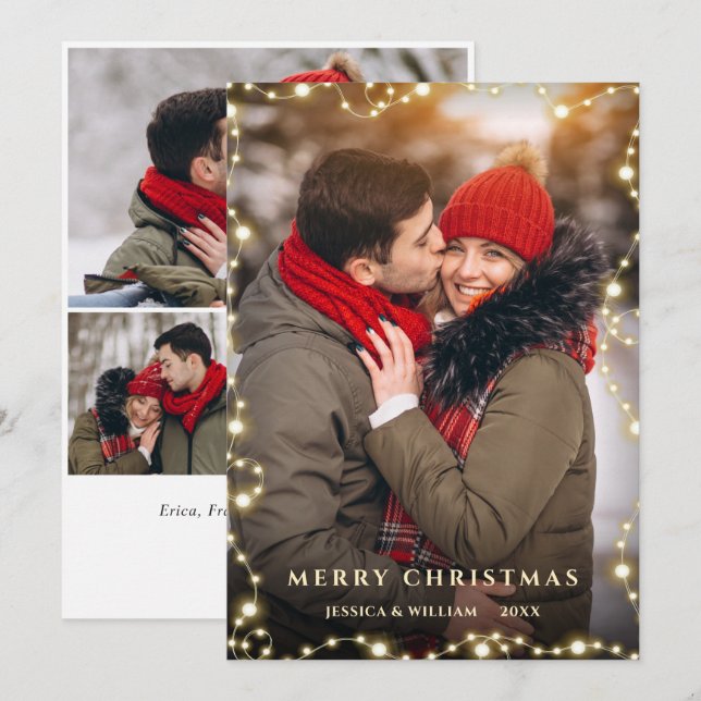 4 PHOTO Merry Christmas Gold Sparkle Greeting Holiday Card (Front/Back)