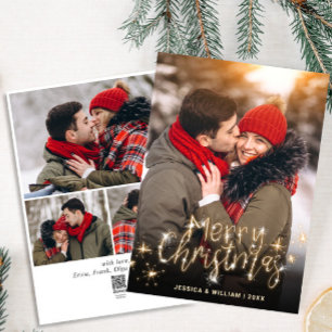 4 PHOTO Merry Christmas Golden Sparkler Greeting Holiday Card