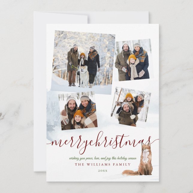 4 Photo Merry Christmas Winter Fox Holiday Card (Front)