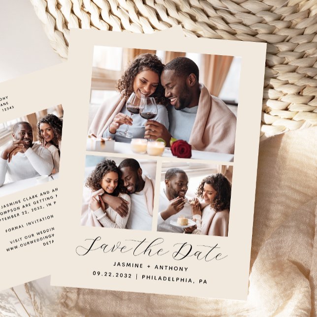 4-Photo Minimalist Beige Save the Date Postcard (Creator Uploaded)