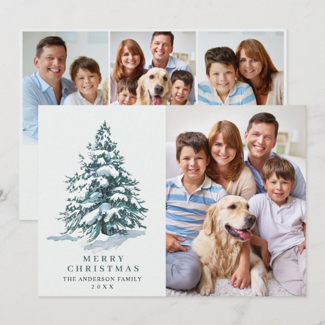 4 PHOTO Minimalist Christmas Tree Greeting Holiday Card (Front/Back)