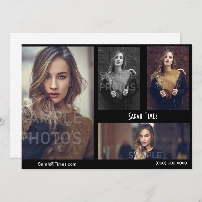 4 Photo Model Actor Comp Card Black Template (Front/Back)