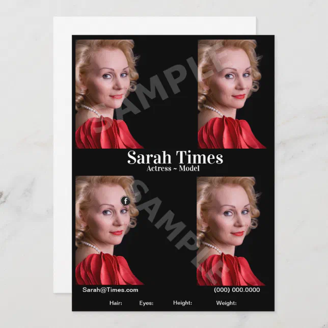 4 Photo Model Actor Comp Card Blk Template | Zazzle