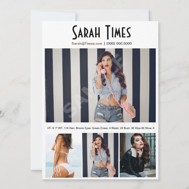 4 Photo Model Headshot Comp Card White Template (Back)