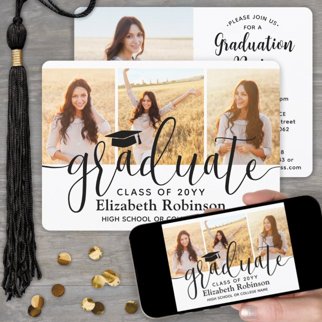 4 Photo Modern Elegant Script Graduation Party Invitation (Creator Uploaded)