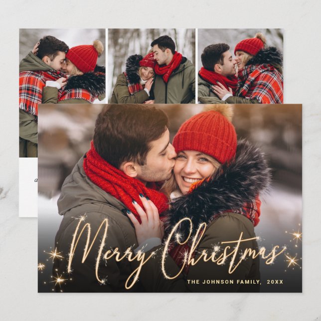 4 PHOTO Modern Golden Christmas Greeting Holiday Card (Front/Back)