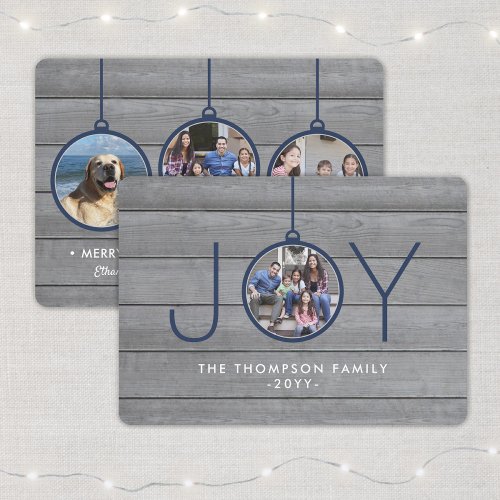 4 Photo Modern Joy Ornaments Rustic Grey Faux Wood Holiday Card