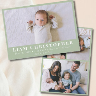 4 Photo Modern Minimal Sage Green Simple Birth Announcement