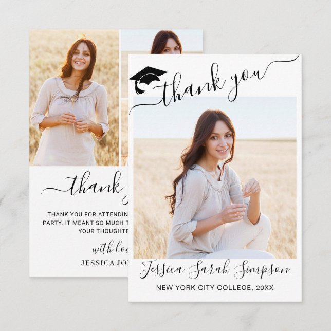 4 PHOTO Modern Simple Minimalist Graduation  Thank You Card (Front/Back)