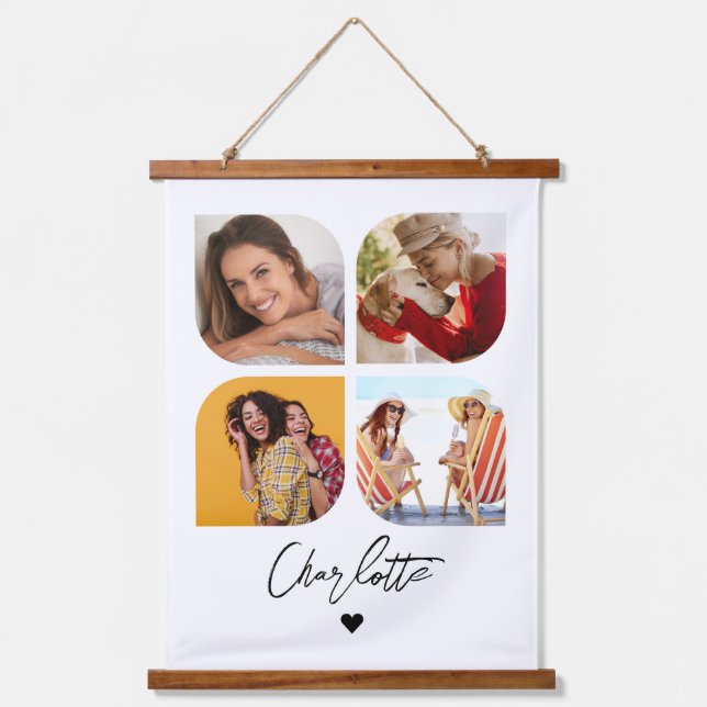 4 Photo Modern Trendy Simple Personalized Name Hanging Tapestry (Front)