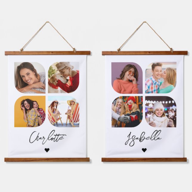 4 Photo Modern Trendy Simple Personalized Names Hanging Tapestry (Double)
