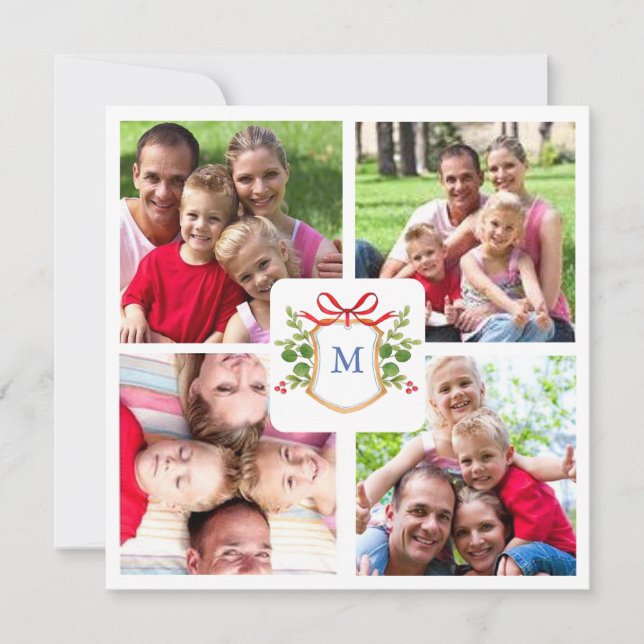 4 Photo Monogrammed crest Square Christmas  Holiday Card (Front)