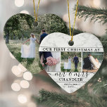 4 Photo Mr & Mrs 1st Christmas Faux Marble Heart Ceramic Ornament<br><div class="desc">Celebrate a joyful 1st holiday as a married couple with a custom 4 photo collage "Our First Christmas as Mr. & Mrs." heart-shaped ceramic ornament. All text and images on this template are simple to personalize. (IMAGE PLACEMENT TIP: An easy way to center a photo exactly how you want is...</div>